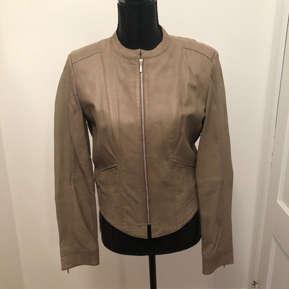 Moto-style Tan Leather Jacket Bagdley Mischka Collection - Picture 2 of 9